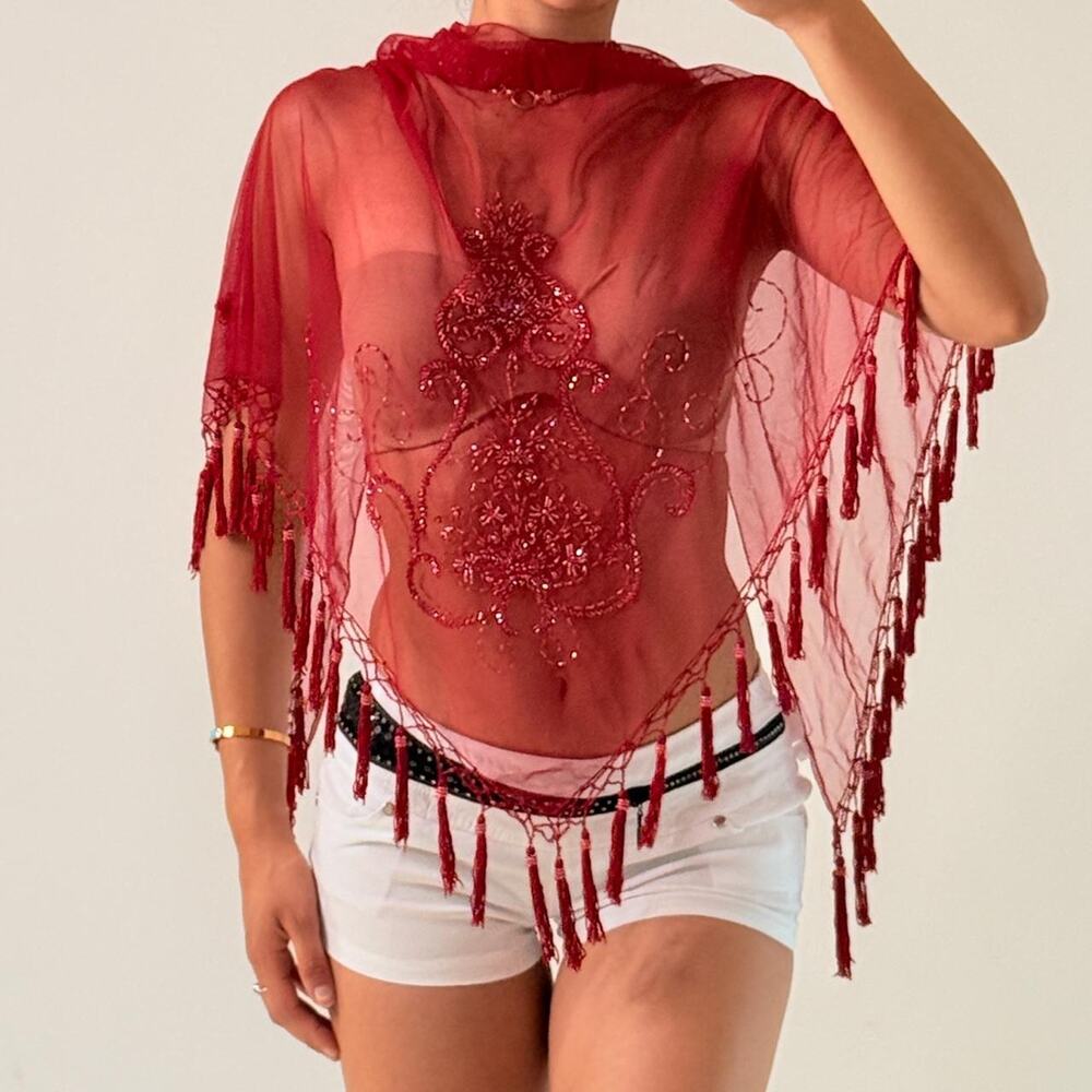 Red Beaded Mesh Shawl/ Cover Up